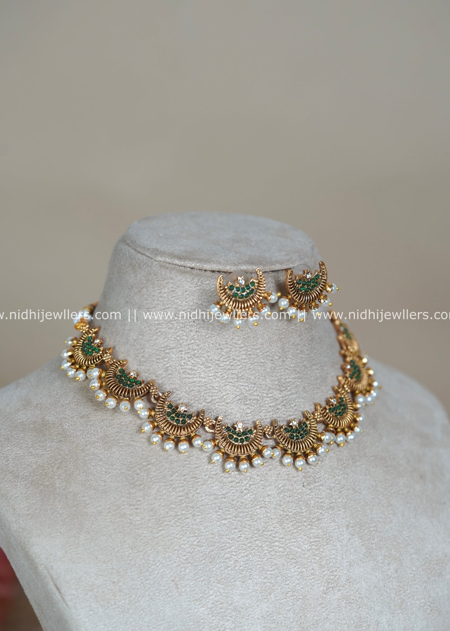 Chandbali Crescent Necklace Set with Emerald-Green Stones and Pearl Drops - Samaira