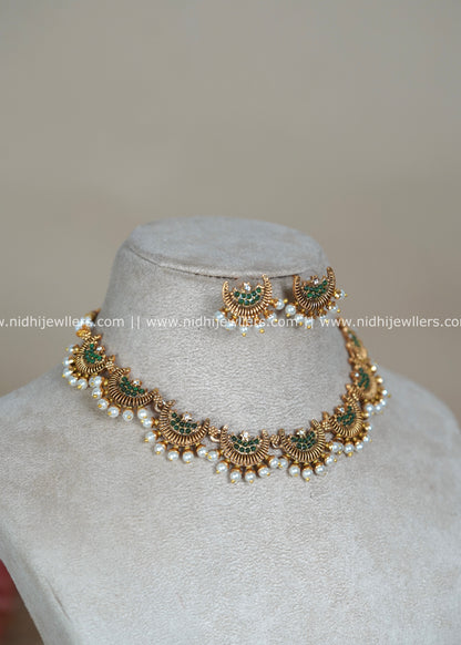 Chandbali Crescent Necklace Set with Emerald-Green Stones and Pearl Drops - Samaira