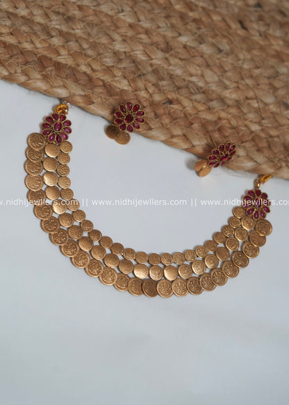 Antique Matte Two-Row Kasu Coin Necklace Set with Ruby Floral Accents - Siya