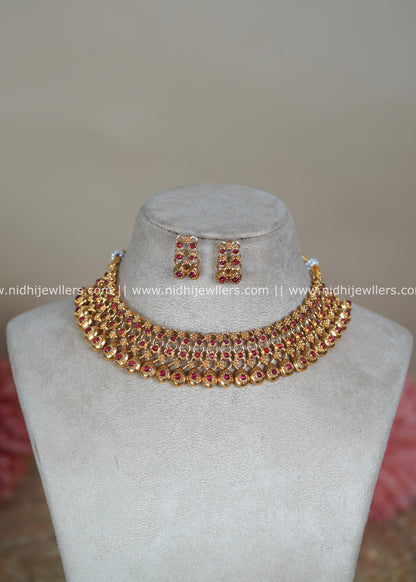 Antique Polished Ruby Lattice Choker Set with Mango Drops - Prisha