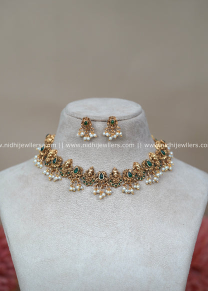 Antique Matte Lakshmi Temple Choker Set with Emerald Accents - Shalini