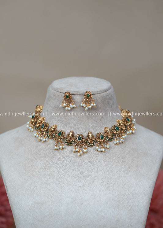 Antique Matte Lakshmi Temple Choker Set with Emerald Accents - Shalini