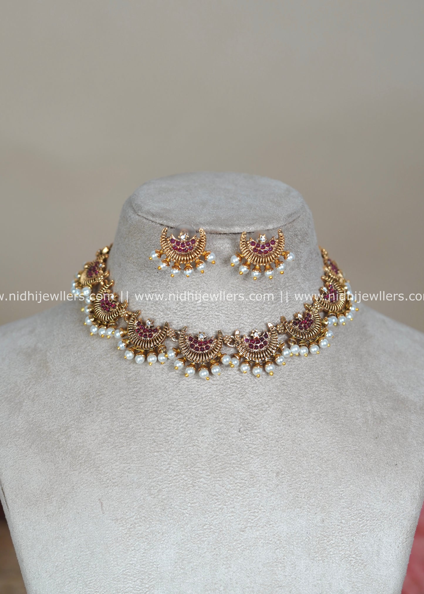 Chandbali Crescent Necklace Set with Ruby-Red Stones and Pearl Drops - Samaira