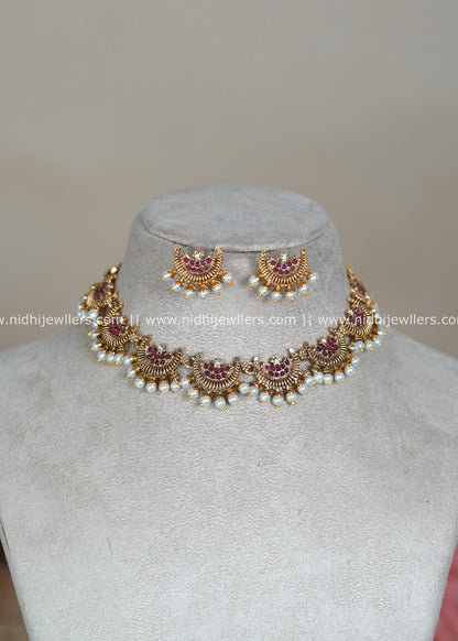 Chandbali Crescent Necklace Set with Ruby-Red Stones and Pearl Drops - Samaira