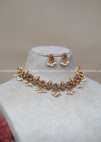 Antique Matte Lakshmi Temple Choker Set with Ruby and Emerald Accents - Shalini