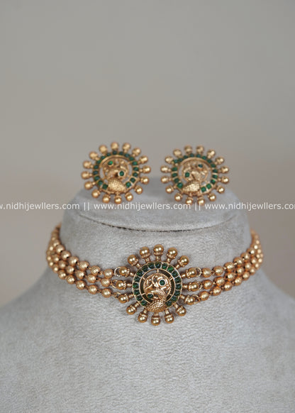 Antique Matte Three-Strand Bead Choker Set with Emerald Peacock Medallion - Ishani