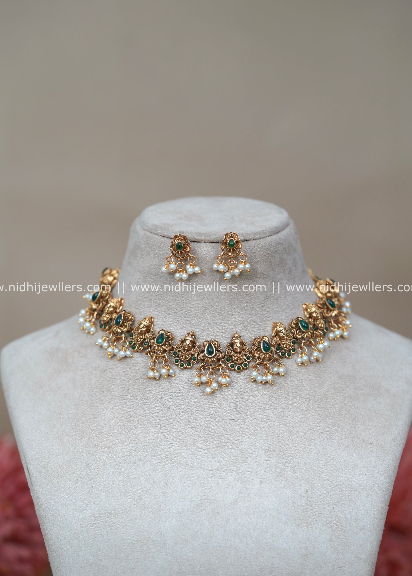 Antique Matte Lakshmi Temple Choker Set with Emerald Accents - Shalini