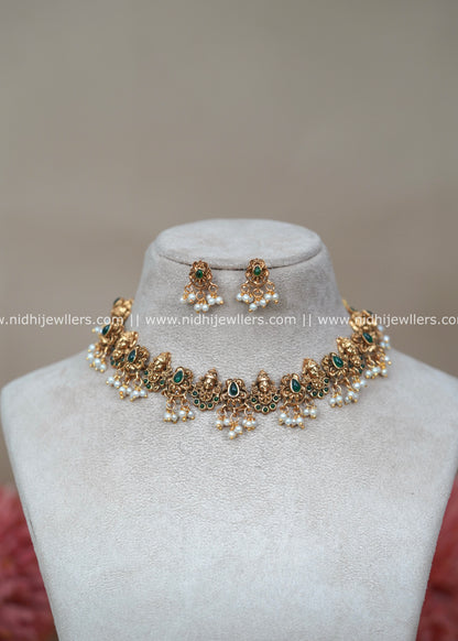 Antique Matte Lakshmi Temple Choker Set with Emerald Accents - Shalini