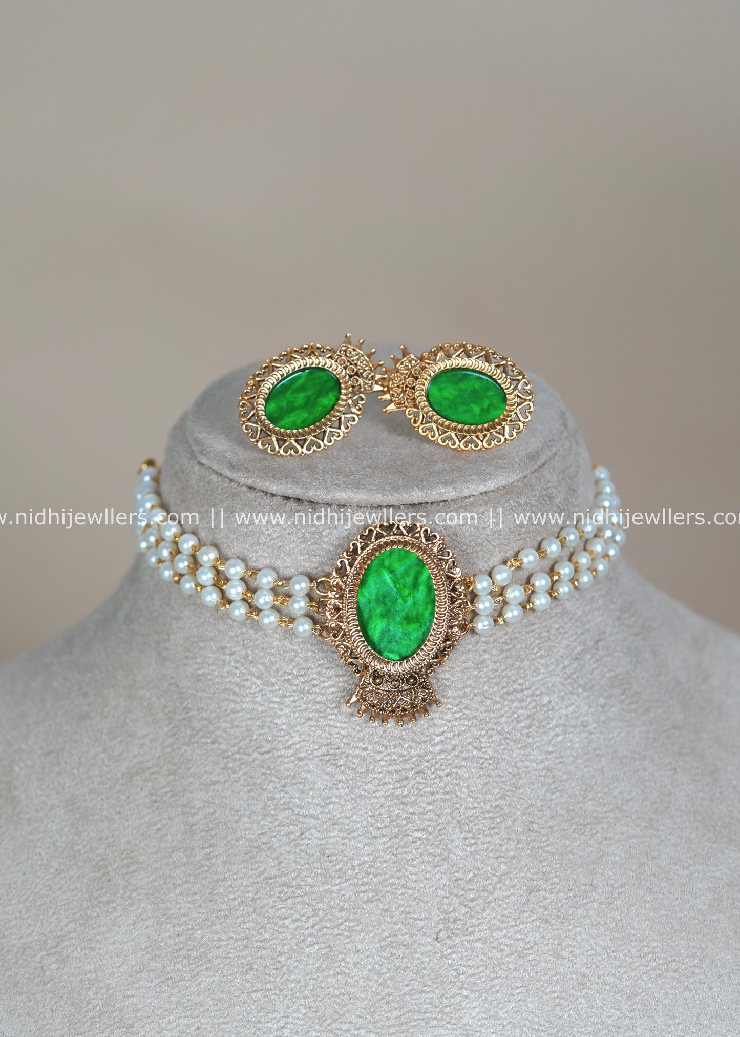 Antique Matte Three-Strand Pearl Choker Set with Oval Glass-Green Medallion - Vritika