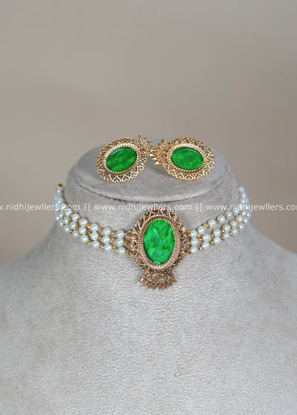 Antique Matte Three-Strand Pearl Choker Set with Oval Glass-Green Medallion - Vritika