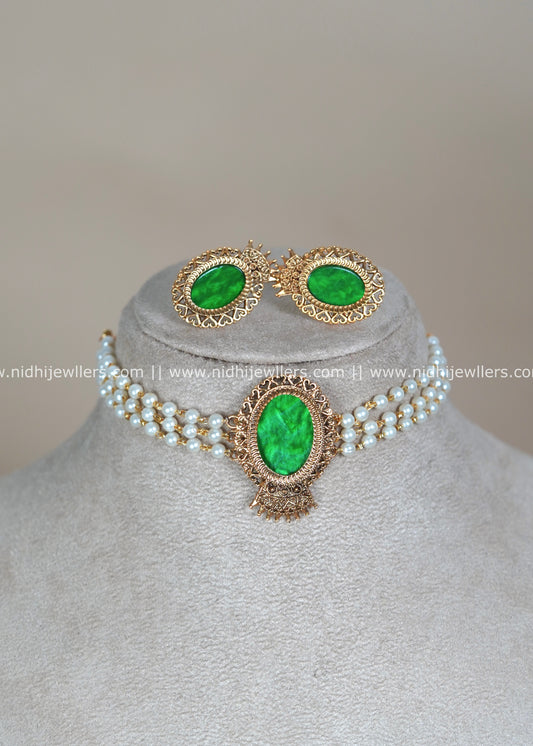 Antique Matte Three-Strand Pearl Choker Set with Oval Glass-Green Medallion - Vritika