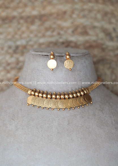 Antique Matte Kasu Coin Fringe Choker Set with Lakshmi Studs - Gouri