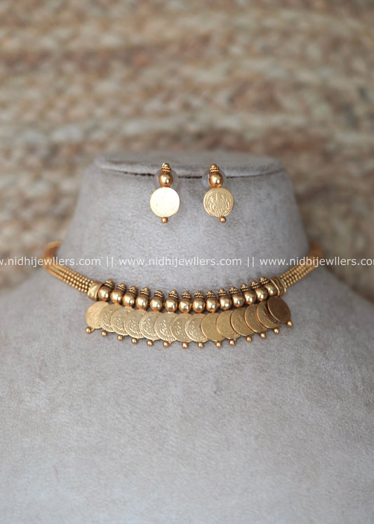Antique Matte Kasu Coin Fringe Choker Set with Lakshmi Studs - Gouri