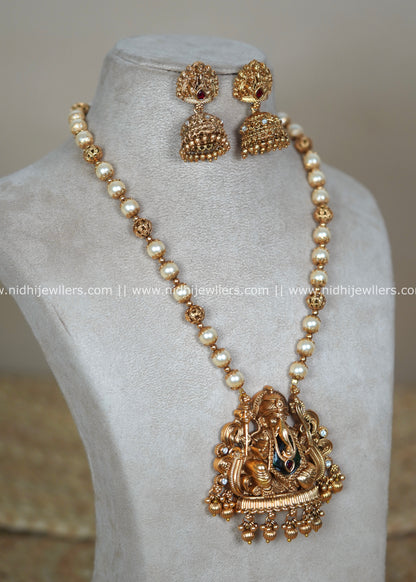 Antique Matte Ganesha Temple Pendant Pearl Mala Set with Jhumkas
