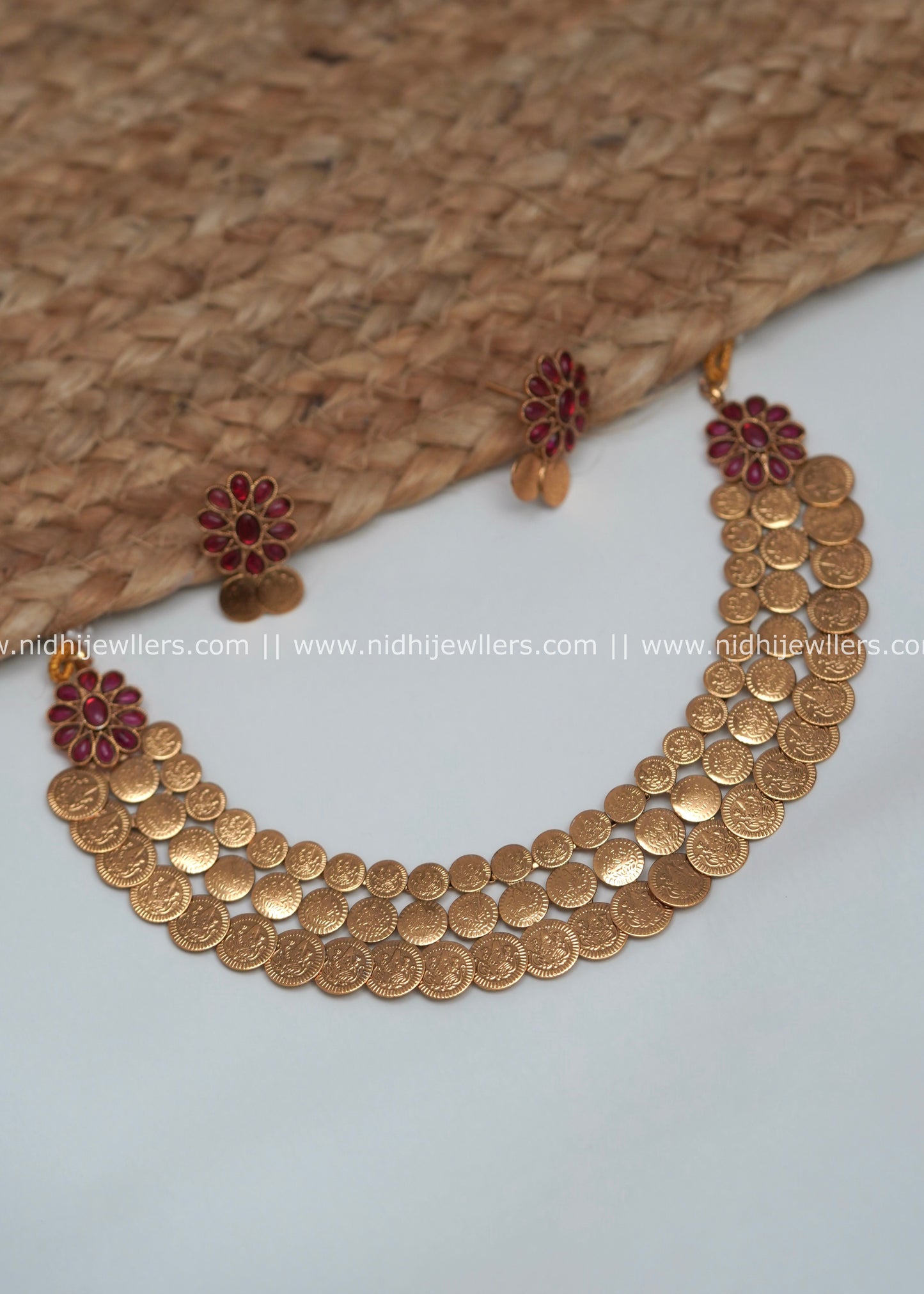 Antique Matte Two-Row Kasu Coin Necklace Set with Ruby Floral Accents - Siya