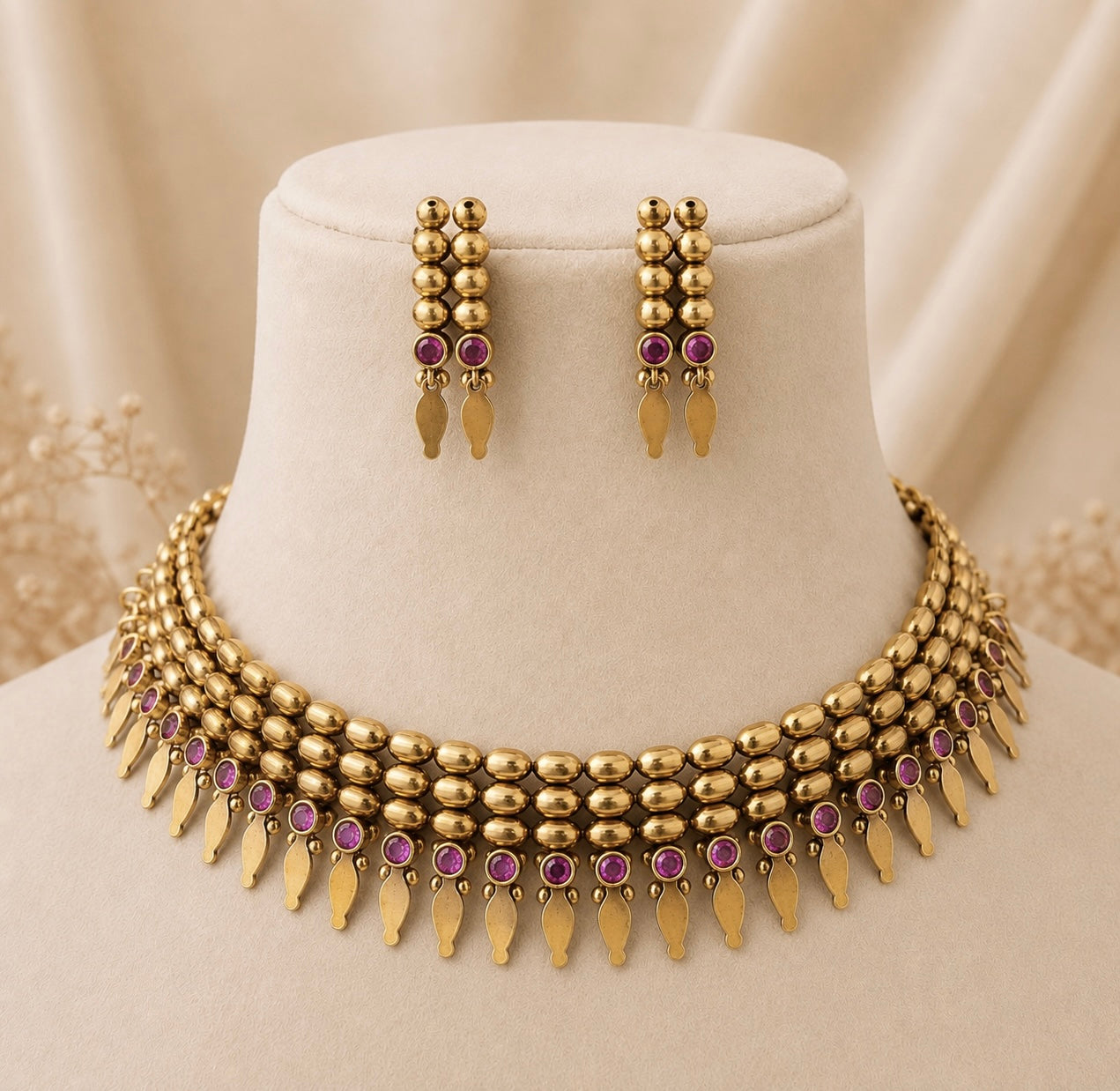 Antique Ruby-Accented Elakkathali Choker Set (with Earrings) ET12